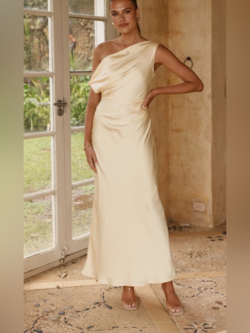 One-Shoulder Satin Maxi Dress in Butter Yellow